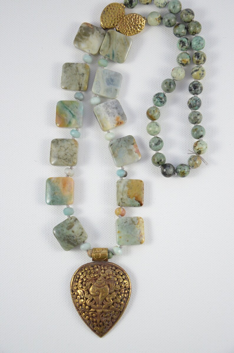 Amazonite Pendant Bead Set and African Turquoise Rounds Artisan Boho Necklace Handmade with Nepalese Brass Repousse Pendant