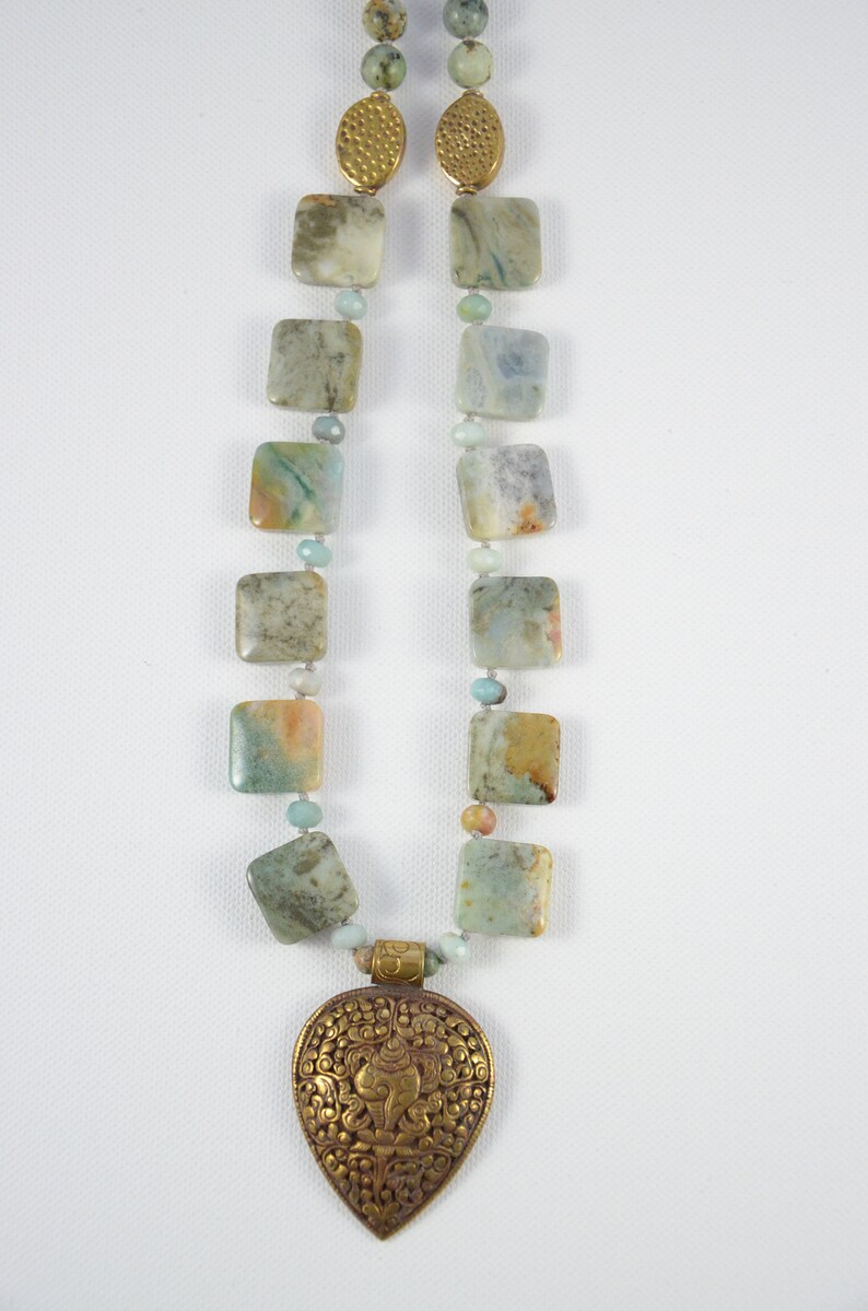 Amazonite Pendant Bead Set and African Turquoise Rounds Artisan Boho Necklace Handmade with Nepalese Brass Repousse Pendant