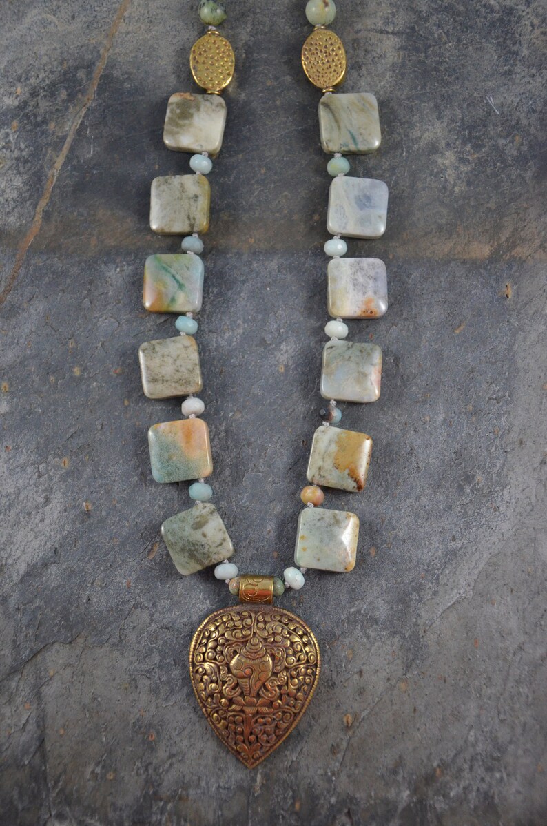 Amazonite Pendant Bead Set and African Turquoise Rounds Artisan Boho Necklace Handmade with Nepalese Brass Repousse Pendant