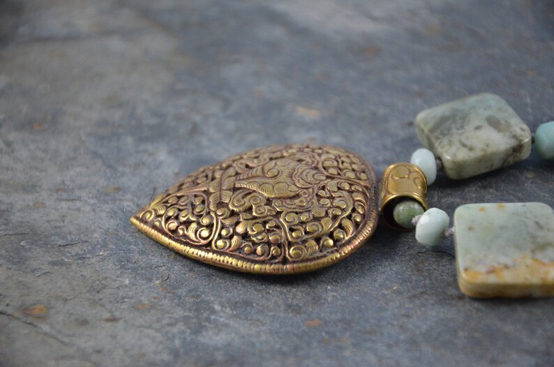 Amazonite Pendant Bead Set and African Turquoise Rounds Artisan Boho Necklace Handmade with Nepalese Brass Repousse Pendant