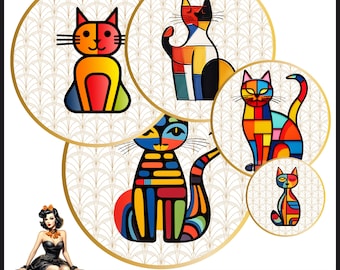 Katzen Linie Zeichnung bunte Cabochon Bilder 25mm 1inch Kreis Druckbare Bilder digitale Collage Bogen Sofortdownload Kronkorken #165