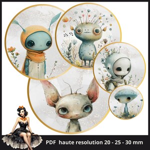 May include: Four whimsical illustrations of colourful creatures with large eyes and unique features, each set within a circular frame on a white background with a subtle sparkle effect. The text "PDF haute resolution 20 - 25 - 30 mm" appears at the bottom of the image.