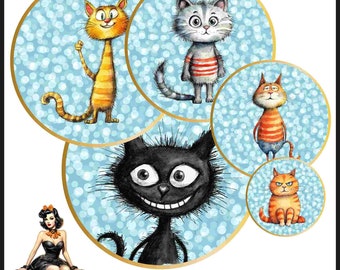 Katzen Cabochon Bilder 25mm 1inch Kreis Druckbare Bilder digitale Collage Sheet Sofortdownload Kronkorken #117
