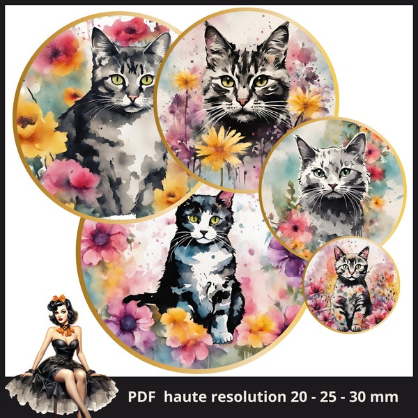 Cats Cabochon images 25mm 1inch circle Printable images digital collage sheet Instant download bottle caps #187
