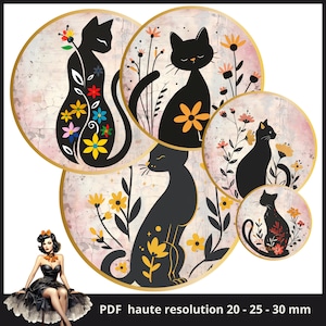 black Cats flowers Cabochon images 25mm 1inch circle Printable image digital collage sheet Instant download bottle caps #182