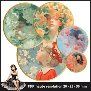 bambina fiori acquerello Cabochon immagini 25mm cerchio da 1 pollice Immagini stampabili foglio collage digitale Download immediato tappi di bottiglia #208