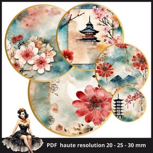 Images de cabochon aquarelle japonais cercle de 25 mm 1 pouce Images imprimables feuille de collage numérique Téléchargement instantané des capsules de bouteilles #193