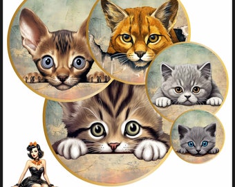 Katzen Cabochon Bilder 25mm 1inch Kreis Druckbare Bilder digitale Collage Bogen Sofortdownload Kronkorken #12