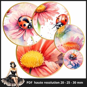 Marienkäfer Blumen Cabochon Bilder 25mm 1 inch vintage druckbare Bilder digitale Collage Bogen Sofortdownload Kronkorken #114