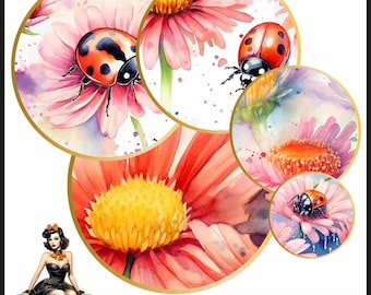 Ladybug Flowers vintage Cabochon images 25mm 1inch circle Printable images digital collage sheet Instant download bottle caps #114