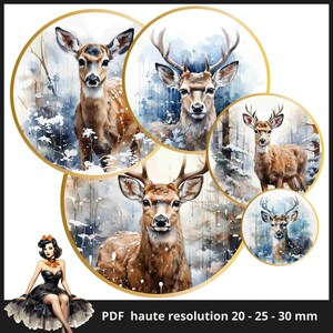 May include: Four watercolor illustrations of deer in a snowy forest setting. Each deer is depicted in a circular frame with a gold border. The deer are all facing forward with their antlers visible. The background is a soft blue and white watercolor wash.