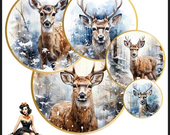 Christmas deer Cabochon images 25mm 1inch circle Printable images digital collage sheet Instant download bottle caps #21