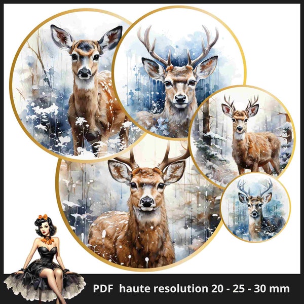 Christmas deer Cabochon images 25mm 1inch circle Printable images digital collage sheet Instant download bottle caps #21