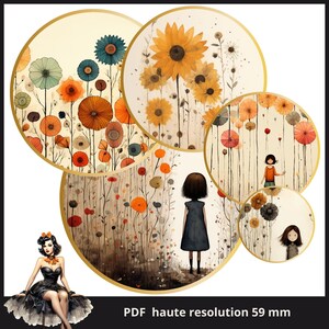 bambina fiori acquerello Cabochon immagini 59 mm cerchio Immagini stampabili foglio collage digitale Download immediato tappi di bottiglia #180