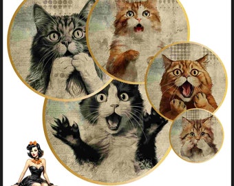 Katzen Cabochon Bilder 25mm 1inch Kreis Druckbare Bilder digitale Collage Bogen Sofortdownload Kronkorken #118