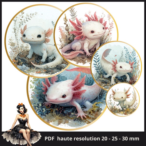 süßes Axolotl Aquarell Cabochon Bilder 25mm 1inch Kreis Druckbare Bilder Digital Collage Sheet Sofortdownload Kronkorken #155