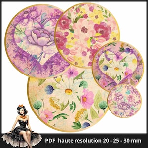 Blumen Shabby Chic vintage Cabochon Bilder 25mm 1inch Kreis Druckbare Bilder Digital Collage Sheet Sofortdownload Kronkorken #111