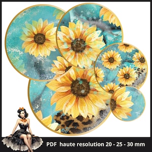 Cabochon Sonnenblumen Cabochon Bilder 25mm 1inch (25mm) Kreis Druckbare Bilder digitale Collage Bogen Sofortdownload Kronkorken #175
