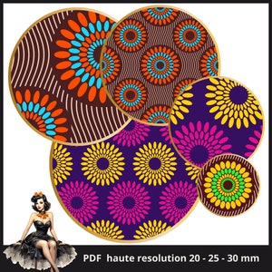 Peut inclure: Quatre motifs circulaires colorés avec des motifs géométriques. Les motifs sont dans des tons d'orange, bleu, jaune, vert, rose et violet. Le texte "PDF haute résolution 20 - 25 - 30 mm" est en bas de l'image.