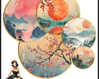 japanese watercolor Cabochon images 25mm 1inch circle Printable images digital collage sheet Instant download bottle caps #198