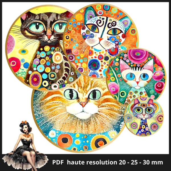 Images de cabochon aquarelle psychédélique Chats Klimt cercle 25 mm 1 pouce cercle image imprimable feuille de collage numérique Téléchargement instantané des capsules de bouteilles #128