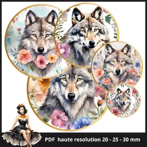 May include: Four watercolor illustrations of wolves with floral accents. Each wolf is surrounded by a circle of flowers and leaves. The wolves are all looking at the viewer. The text "PDF haute resolution 20 - 25 - 30 mm" is at the bottom of the image.