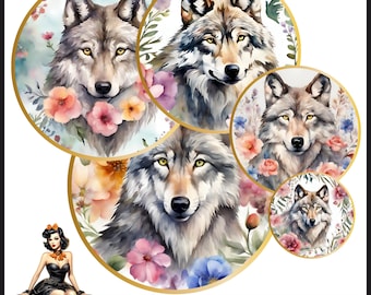wolf bloemen aquarel cabochon afbeeldingen 25 mm 1 inch cirkel afdrukbare afbeeldingen digitale collage vel Instant download kroonkurken #189