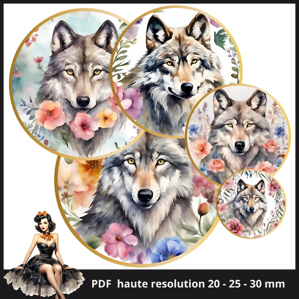 wolf flowers watercolor  Cabochon images 25mm 1inch circle Printable images digital collage sheet Instant download bottle caps #189