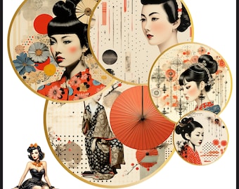 Imágenes de cabujones japoneses de lunares asiáticos, círculo de 25 mm y 1 pulgada, hojas de collage digital para imprimir, tapas de botellas de descarga instantánea n.° 166