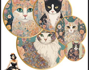 Cats Klimt   watercolor Cabochon images 25mm 1inch circle Printable image digital collage sheet Instant download bottle caps #186