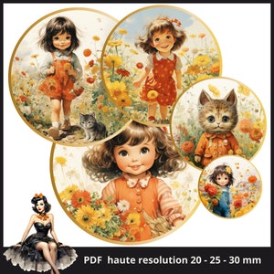 bambina fiori gatto vintage Cabochon immagini 25mm cerchio da 1 pollice Immagini stampabili foglio collage digitale Download immediato tappi di bottiglia #181