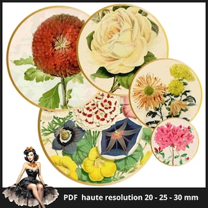 Shabby chic flowers vintage Cabochon images 25mm 1inch circle Printable images digital collage sheet Instant download bottle caps #133