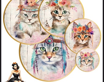 Katzen Boho Aquarell Cabochon Bilder 25mm 1inch Kreis Druckbares Bild digitale Collage Blatt Sofortdownload Kronkorken #183