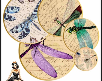Dragonfly vintage Cabochon images 25mm 1inch circle Printable images digital collage sheet Instant download bottle caps #109