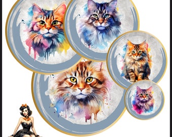 Katzen Aquarell Cabochon Bilder 25mm 1inch Kreis Druckbare Bilder digitale Collage Bogen Sofortdownload Kronkorken #148
