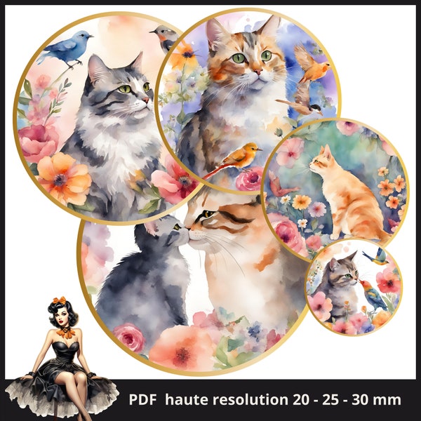 Cats birds watercolor Cabochon images 25mm 1inch circle Printable images digital collage sheet Instant download bottle caps #191