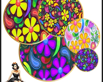 パターンの花のカボション画像 25 mm 1 インチの円 印刷可能な画像 デジタルコラージュシート 即時ダウンロード ボトルキャップ #135