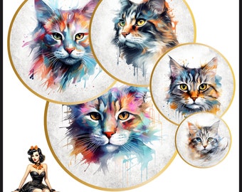 Katzen Aquarell Cabochon Bilder 25mm 1inch Kreis Druckbare Bilder digitale Collage Bogen Sofortdownload Kronkorken #144