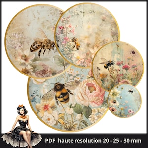 Bienen Blumen Aquarell Cabochon Bilder 25mm 1inch Kreis Druckbare Bilder digitale Collage Bogen Sofortdownload Kronkorken #214