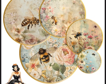 bees flowers watercolor Cabochon images 25mm 1inch circle Printable images digital collage sheet Instant download bottle caps #214