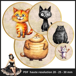 Cats Cabochon images 25mm 1inch circle Printable images digital collage sheet Instant download bottle caps #116
