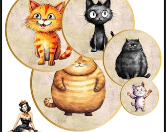 Katzen Cabochon Bilder 25mm 1inch Kreis Druckbare Bilder digitale Collage Bogen Sofortdownload Kronkorken #116