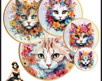 Katzen Boho Blumen Cabochon Bilder 25mm 1inch Kreis Druckbare Bilder digitale Collage Bogen Sofortdownload Kronkorken #153