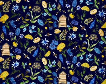 May include: A watercolor pattern featuring bees, beehives, and various flowers in shades of yellow, blue, and green against a dark blue background. The design includes detailed illustrations of wildflowers and foliage, creating a natural, whimsical aesthetic.