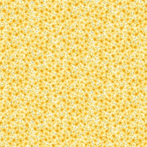 May include: A repeating pattern of small, yellow and white flowers with a light blue background. The flowers are densely packed, creating a textured, all-over design. The floral pattern is suitable for fabric or wallpaper.