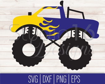 May include: A blue and yellow monster truck with black wheels and yellow flames on the side.  SVG, DXF, PNG, EPS.