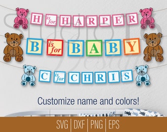 Baby Shower SVG, Birthday Party Banner cut file, blocks theme party decoration, teddy bear cut file, blocks Cricut SVG, DXF, eps, png
