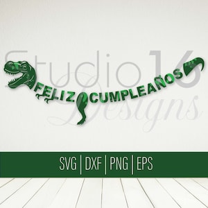 Feliz Cumpleaños SVG, T-Rex Bandera, decoração de festa com tema dinossauro, arquivo digital de corte de aniversário do T-rex, dinossauro Cricut SVG, DXF, eps, png