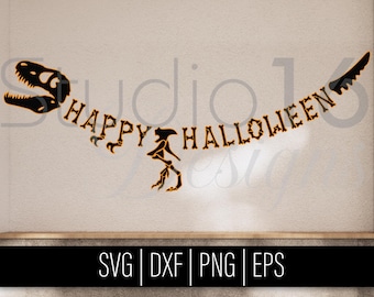 Dinosaur Happy Halloween Banner digital download, T Rex Skeleton svg, Halloween Dinosaur Theme Party Cut File Decoration Cricut template
