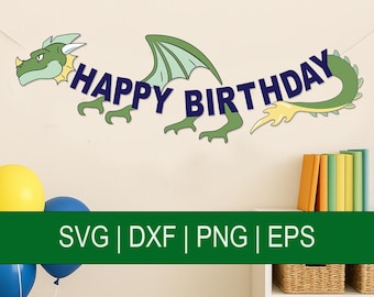 May include: Green dragon banner with the words "Happy Birthday" in navy blue letters. The banner is perfect for a birthday party.